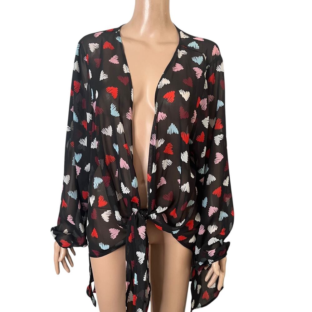 Lane Bryant Tie Front Blouse 22/24 Sheer Black Heart Print Long Sleeve Lightweig